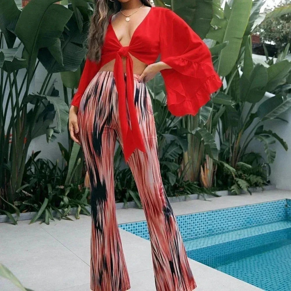 Red Boho Womens Ruffle Trim Flounce Sleeve Knot Front Crop Top - Picture 4 of 5